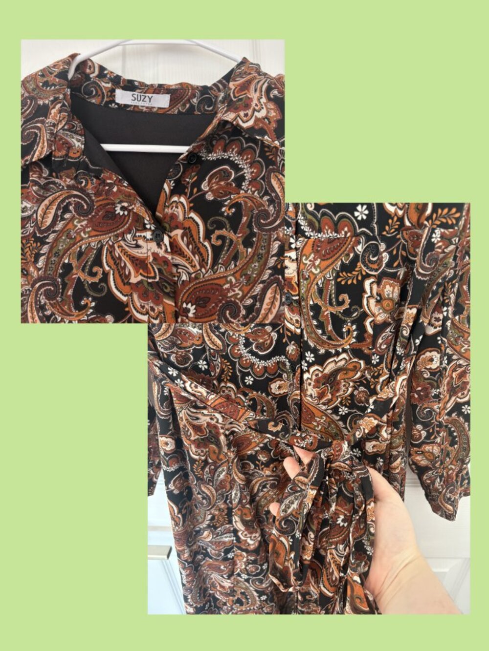 Suzy Shier Paisley Print Chiffon Shirt Maxi Dress, Long Sleeves, Black, Size L - Picture 2 of 4